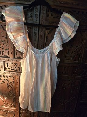 mine Peach and Cream Pastel Striped Ruffle Sleeve Top